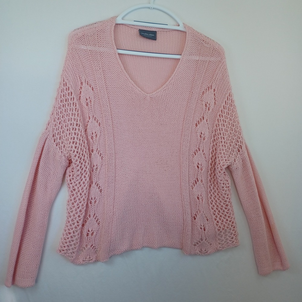 Wooden Ships Pink V Neck Crochet Knit Sweater M L Cotton Acrylic - Picture 6 of 8